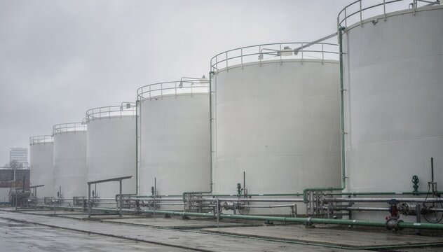 Cloudy day medium shot of large biobased feedstock storage tanks emphasizing sustainable organic intermediates with soft diffused light and overcast atmosphere.