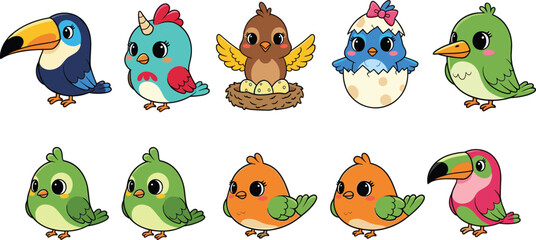 Obraz premium Cute cartoon birds vector set featuring colorful chicks, toucan and nest scene, adorable animal characters collection for kids illustration and nursery design
