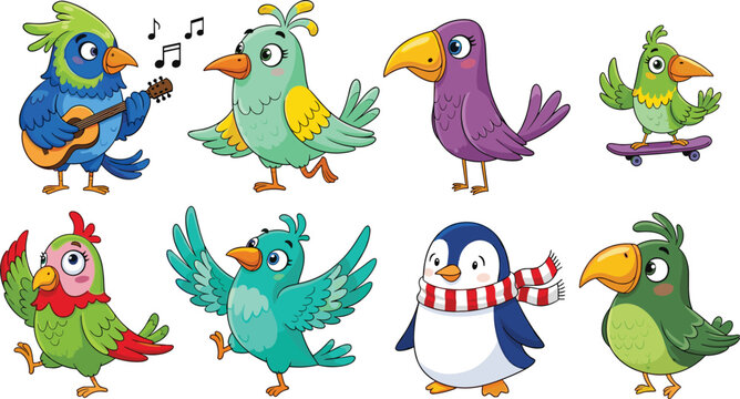 Cute cartoon bird characters vector set featuring singing, dancing and playful birds, colorful animal illustration collection for kids design and stickers