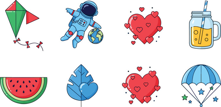 Cute random objects vector set featuring astronaut, kite, hearts, watermelon, parachute and drink jar, playful illustration collection for kids design and stickers
