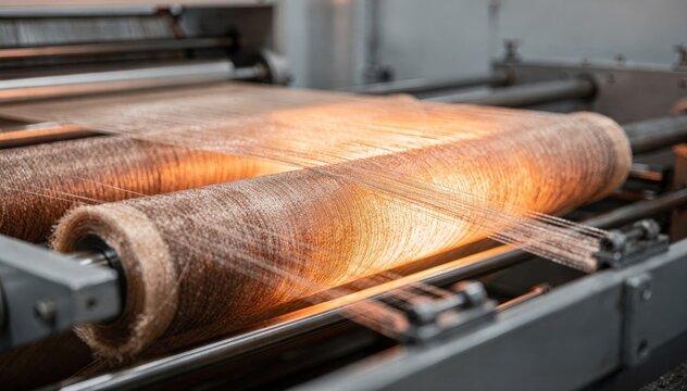 Medium shot capturing mediumsized tow acrylic precursor fibers in oxidation phase emphasizing fiber texture and the precise stabilization method for carbon fiber production.