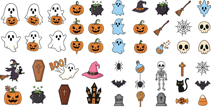 Halloween icons vector set featuring ghosts, pumpkins, witches, skulls, bats and spooky elements, cute cartoon collection for holiday decoration and festive design