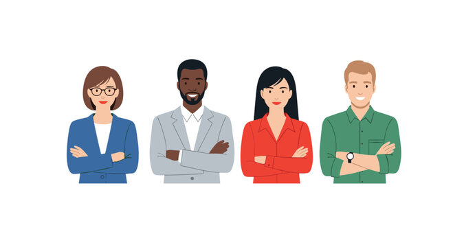 A line of four diverse business professionals standing with arms crossed in front of their chests while wearing varied office clothing against a simple white background.