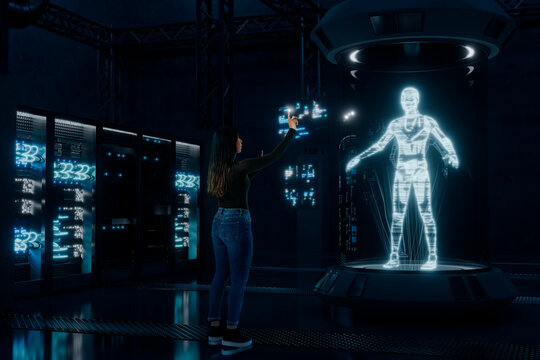 Programmer woman testing digital human model on holographic interface in 3D lab