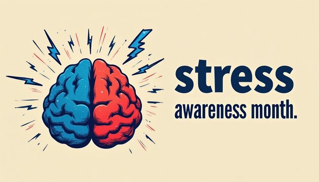 Illustration of a split colored brain with lightning bolts radiating outward, text reads Stress Awareness Month. Mental health campaign for awareness of brain function and wellness.