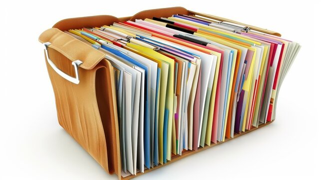 An organized tan leather portable file folder brimming with a variety of colorful documents and papers, neatly arranged and ready for efficient retrieval.