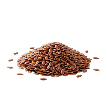 A small pile of glossy mahogany flax seeds on a transparent surface with scattered seeds and soft diffused lighting health food product concept