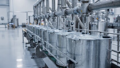 Fototapeta premium Medium shot of a conveyor system efficiently filling large drums with clear organic liquid highlighting precise automated chemical processing in a clean industrial environment.