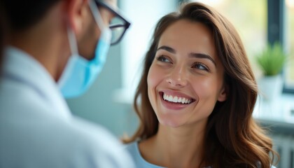 Fototapeta premium Woman smiles during dental consultation about cosmetic treatments. Dentist in mask discusses personalized care plan for smile makeovers. Patient happy with healthy white teeth.