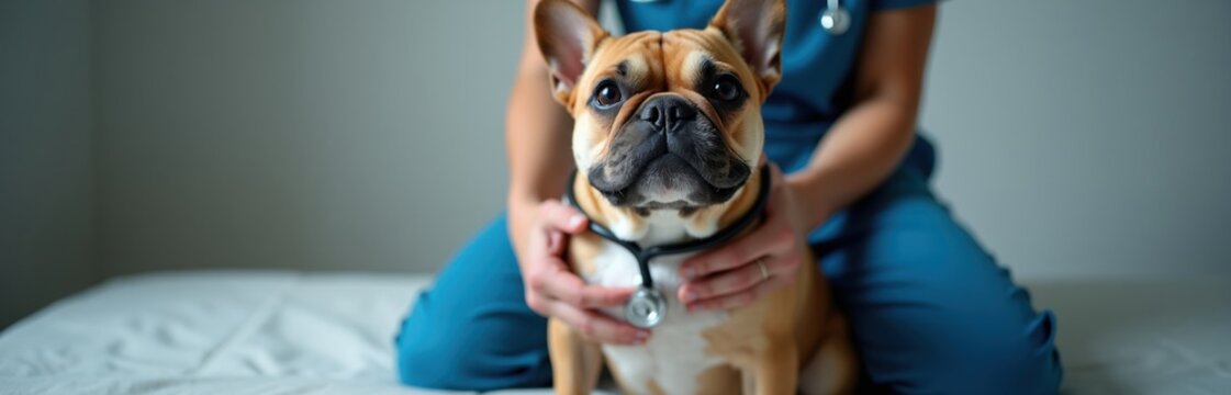 French bulldog sits with veterinarian wearing stethoscope. Dog looks at camera, calm and happy during its check-up at the clinic. Pet health care is important.