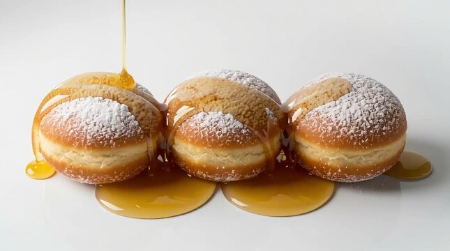 Golden maple syrup pouring smoothly from above, cascading over the sugar-dusted doughnuts, creating glossy drips and small pools on the white surface, slow motion