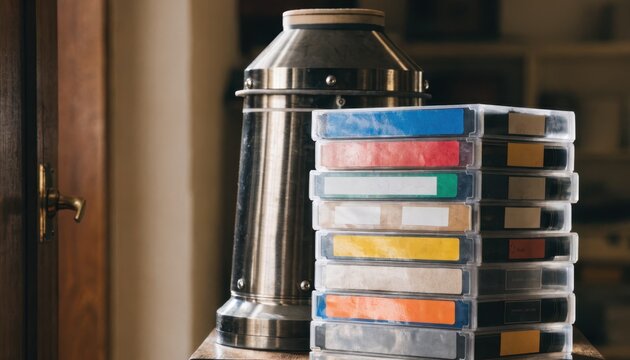 Medium shot of a stack of labeled VHS tapes near an automatic rewinder machine with the main focus on the detailed tape cases and blurred background.