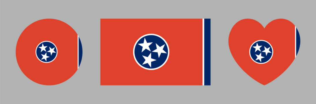 Flag of the state of Tennessee banner. Rounded, rectangular, heart flag badge. Tennessee flag button, background set. Flag circle, rectangle, heart shaped icon, sticker.