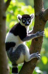 Fototapeta premium Black and white lemur clings to tree trunk. Its large round eyes stare intently. Lemur has distinctive fur pattern. Outdoors in green foliage.