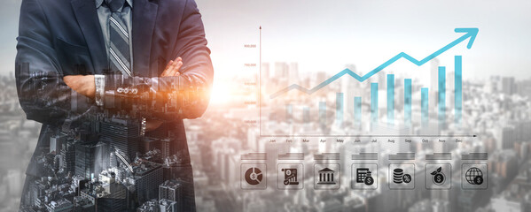 Professional businessman stands confidently in front of an urban skyline, highlighting financial growth with dynamic graphs and business icons representing success and strategic planning. Ledger © InfiniteFlow