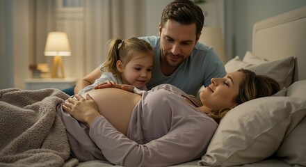 Fototapeta premium Family expecting child relaxing together on bed in cozy bedroom scene