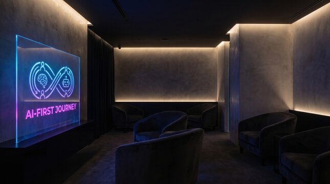 Modern lounge with an infinity symbol and AI-first journey slogan displayed on a glowing screen