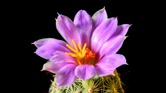 Beautiful purple cactus flower in full bloom against a black background