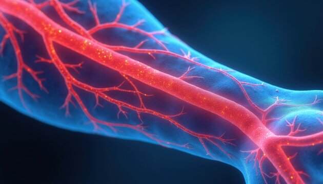 Close up view of a human circulatory system showing arterial and venous network. Blood vessels glow red within blue translucent tissue indicating health or disease.
