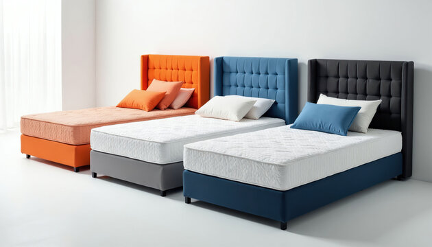 Three single beds with colorful headboards and cushions. Mattresses are white and textured. Beds are arranged in a row in a clean white room. Furniture display with modern style.