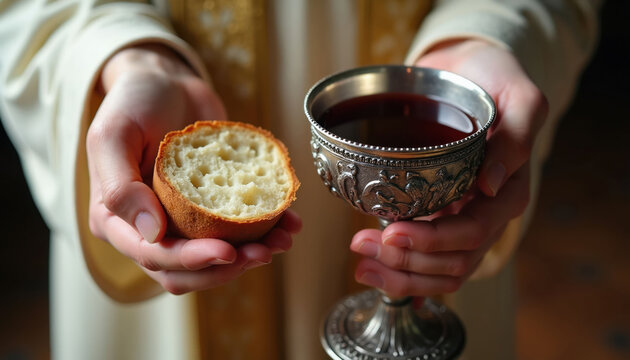 Hands hold bread and ornate silver cup with red liquid, likely wine. Symbol of communion ritual in religious worship, Christian ceremony, sacred meal. Faith sharing.