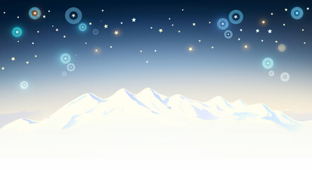 Mountain winter landscape with white peaks of mountains and the stars in the night sky - raster illustration. © Rustic