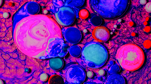 Vivid abstract macro of colorful ink bubbles in purple, pink, and blue