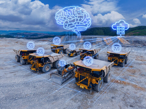 Group of heavy haul trucks with ai steering icons and neural network overlay for mining operations background and poster design