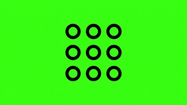 A simple two-dimensional grid of nine black circles on a bright green screen.