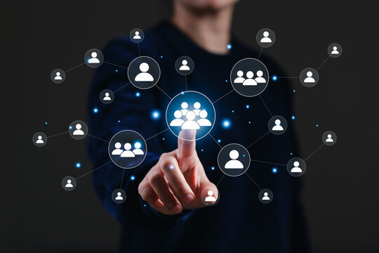 Audience segmentation and customer network targeting concept. Person selecting connected group icon. customer profiling, market segmentation, lead targeting, community reach digital marketing strategy