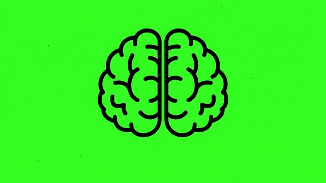 A detailed black outline icon of a human brain on a vibrant green screen.