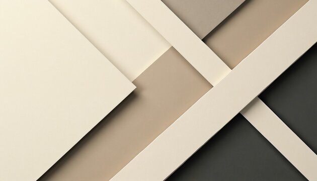 Abstract composition of layered geometric shapes in neutral beige tan and gray tones. Overlapping planes create depth and shadow with clean lines for modern backdrop.