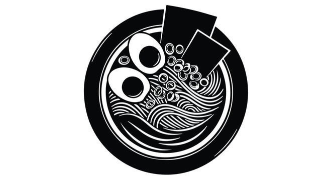Black and white illustration of bowl of ramen noodles with boiled egg and seaweed in modern minimalist style for food and culinary concept
