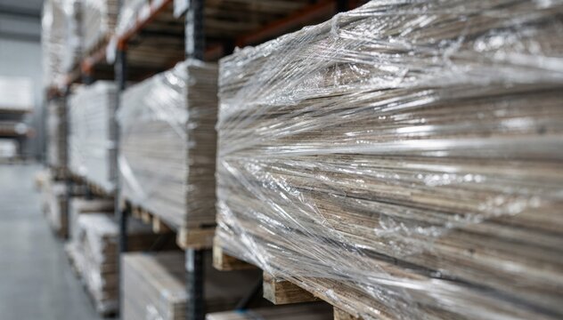 Closeup medium shot of seasonal boards wrapped in shrink wrap on racks clear focus on the bundles while the rest of the storage room is softly out of focus.