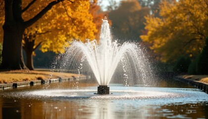 Fototapeta premium Park fountain sprays water amidst autumn trees with golden yellow leaves. Water droplets sparkle in soft sunlight reflecting on pond surface. Peaceful nature scene evokes calm.