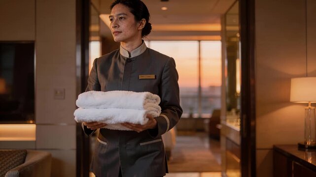 House staff members bring clean linens into suite at sunset light