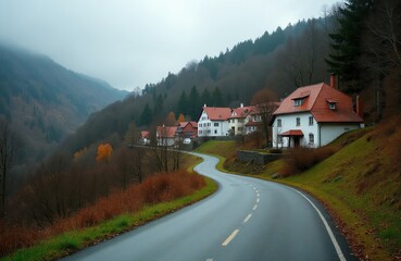 Fototapeta premium Winding asphalt road leads through german village with white houses and red roofs on a misty autumn day. Forested mountainsides surround the quiet countryside.
