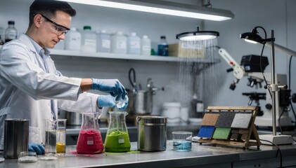 Fototapeta premium Close medium shot of an expert adjusting the formulation process of inorganic pigments for roof coatings that protect against sunlight and moisture exposure.