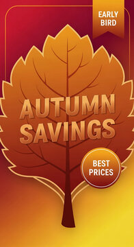 Graphic of a fall leaf with the words "Autumn Savings", showcasing seasonal discounts and promotions for autumn, free space available below
