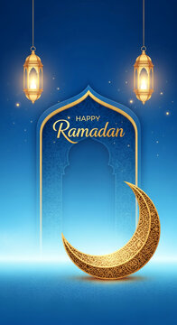 Vertical image of golden moon, Ramadan greeting, ornate arch, and two lanterns against a blue gradient background, symbolizing faith and celebration
