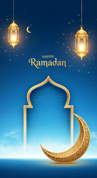 Image of a golden lantern and crescent moon against a blue background, representing Ramadan and Islamic traditions, used for greeting and celebration