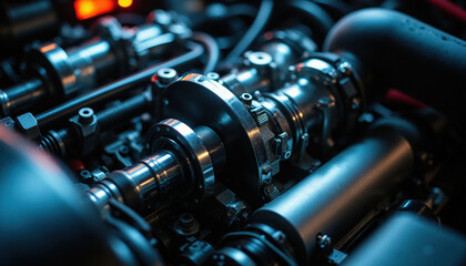Naklejka premium Close up of complex car engine internal parts. Precision engineered metal components work together. Advanced auto technology boosts performance power output.