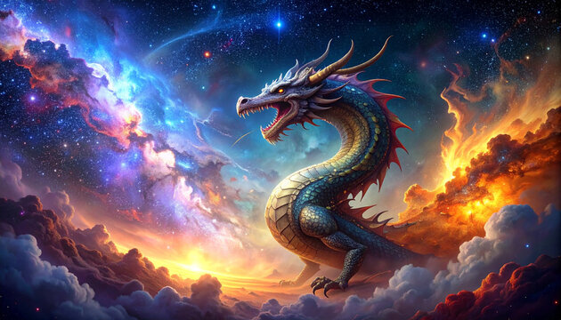 Dragon fantastique dans une galaxie color&eacute;e