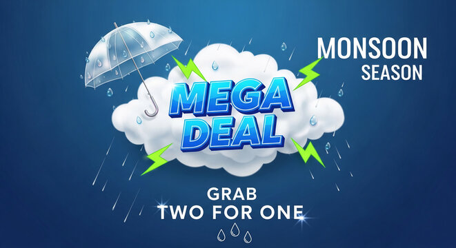 Illustration of a transparent umbrella and fluffy cloud with rain, promoting a mega deal for monsoon season, symbolizing protection and offer