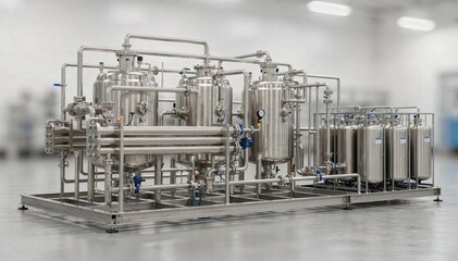 Fototapeta premium Medium shot of a compact solution polymerization skid featuring interconnected solventbased reactors and heat exchangers with solvent tanks highlighting efficient space