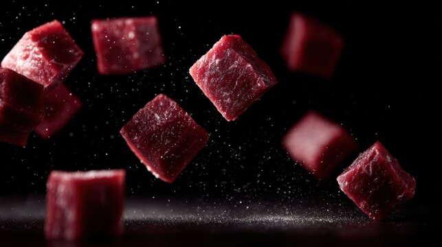 Cubes of raw beef falling over black background, frozen motion, dramatic lighting