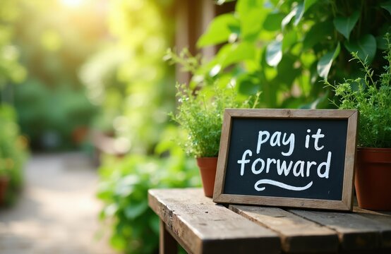 Chalkboard sign with text pay it forward sits on rustic wood table. Green plants and soft sunlight create serene garden atmosphere. Message promotes kindness and generosity.