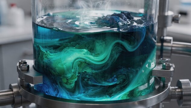 Mixed shades of phthalocyanine pigments swirling in a heated sealed reactor emphasizing dynamic color transformation and precise temperature control.