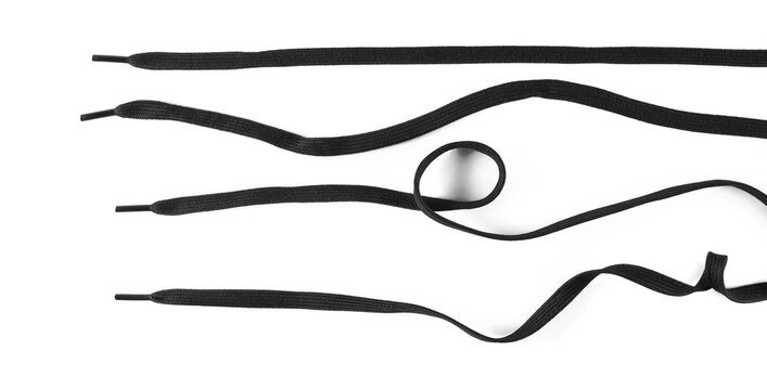 Set black new shoelaces isolated on white background, top view, design element