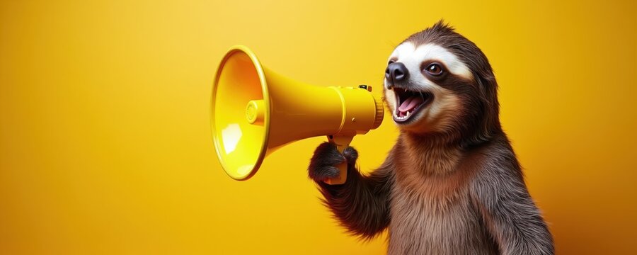 Cute sloth holds yellow megaphone and shouts happily. Animal communication concept. Joyful mammal announces, speaks loud, makes announcement on bright background.